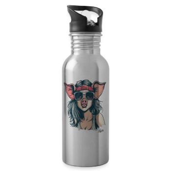 80s punk hippie girl as a cute piggy - Water bottle with straw - silver - Right