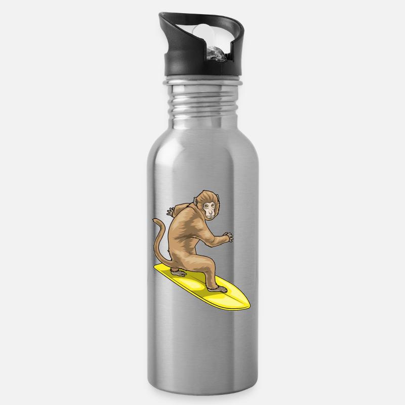 Affe Surfer Surfbrett - Trinkflasche mit integriertem Trinkhalm - Lightsilver
