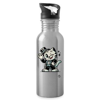 Bonjour Hello, Classic Retro Cartoon Cat - Water bottle with straw - silver - Right