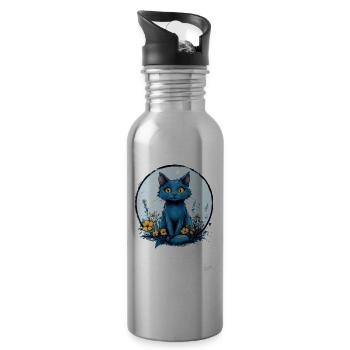 Blaue Katze mit gelben Blumen - Trinkflasche mit integriertem Trinkhalm - Lightsilver - Rechts