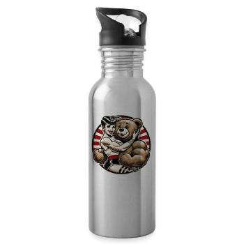 Retro beauty lady with strong stuffed animal bear - Water bottle with straw - silver - Right