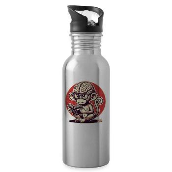 Nerd-Affe mit großem Geirn liest ein Buch - Trinkflasche mit integriertem Trinkhalm - Lightsilver - Rechts
