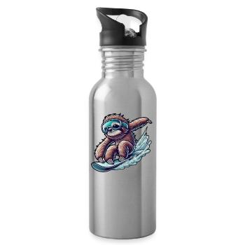 Cute Sloth Snowboard Cartoon Winter Sports - Water bottle with straw - silver - Right