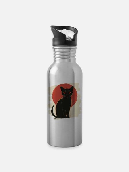 Schwarze Katze - Trinkflasche mit integriertem Trinkhalm - Lightsilver
