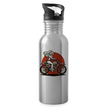 cool girl rides retro motocross motorcycle - Water bottle with straw - silver - Right