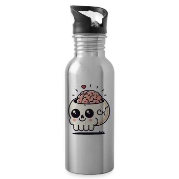 Cute & Crazy: Kawaii Skull with Heart & Brain - Water bottle with straw - silver - Right