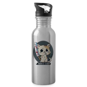 Neko Chef – Cheeky Cat with Chef's Knife - Water bottle with straw - silver - Right