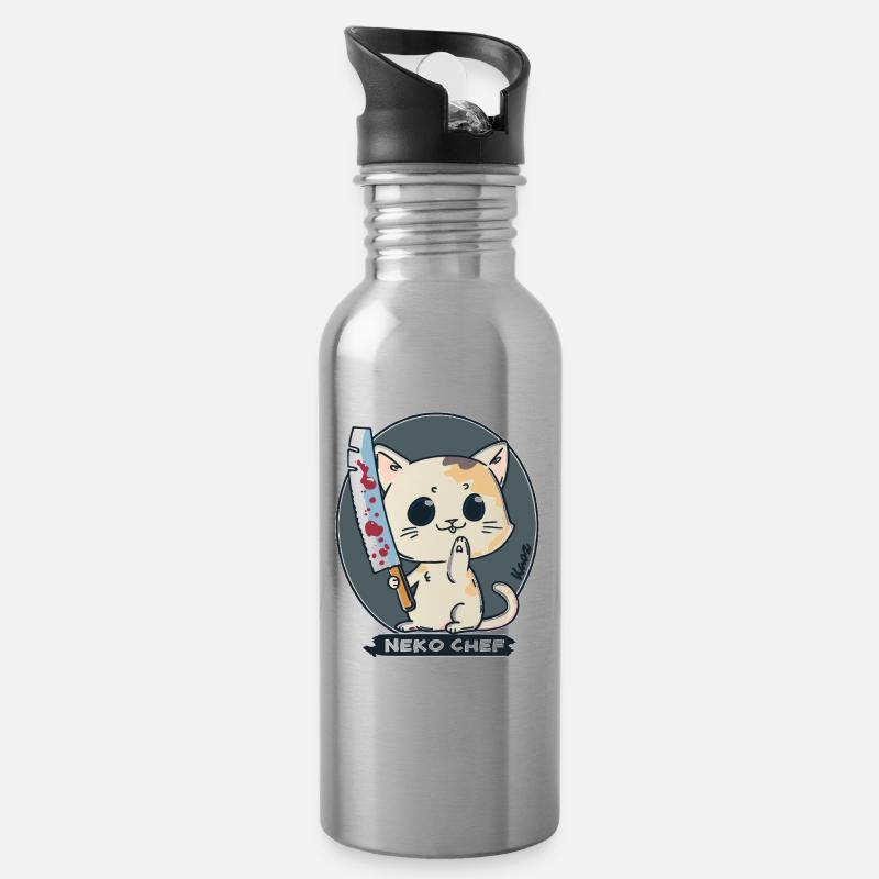 Neko Chef – Freche Katze mit Kochmesser - Trinkflasche mit integriertem Trinkhalm - Lightsilver