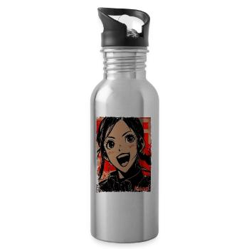 Laughing cartoon girl in japan style - Water bottle with straw - silver - Right