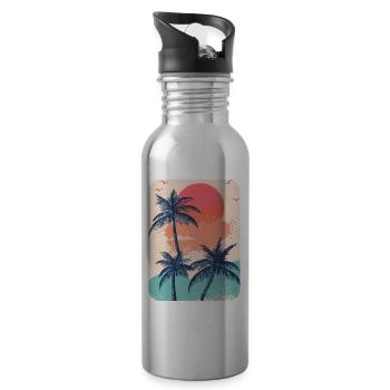 Palm Tree Sunset Summer Sun - Water bottle with straw - silver - Right