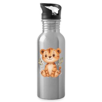 Tigre mignon - Idée cadeau amusante pour les enfants - Gourde avec paille intégrée - argent clair - Droite