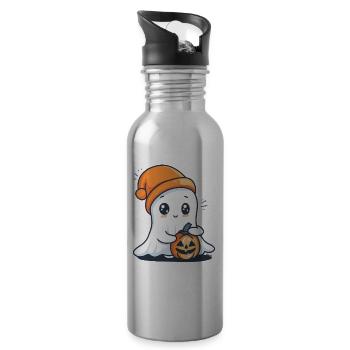 Cute ghost with hat and pumpkin in hand - Water bottle with straw - silver - Right