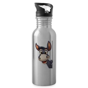 Cute donkey looking out: cartoon animal illustration - Water bottle with straw - silver - Right
