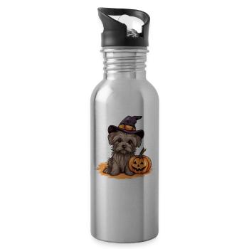 Halloween Witch Hat Pumpkin Dog Yorkshire Terrier - Water bottle with straw - silver - Right