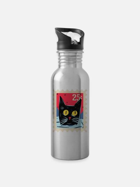 Kunstvoller Katze als Briefmarke - Trinkflasche mit integriertem Trinkhalm - Lightsilver