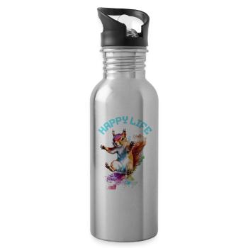 Happy Life Squirrel Design - Gourde avec paille intégrée - argent clair - Droite