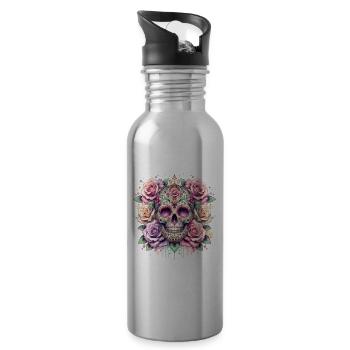 Flowers Skull Beauty Bloom - Water bottle with straw - silver - Right
