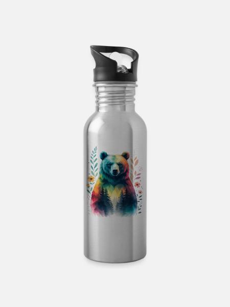 Regenbogenbär im Wald - Trinkflasche mit integriertem Trinkhalm - Lightsilver