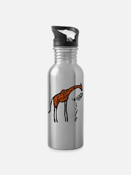 Giraffentiere - Trinkflasche mit integriertem Trinkhalm - Lightsilver