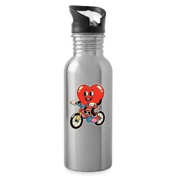 Heart on Bicycle Cartoon - Water bottle with straw - silver - Right
