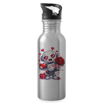 Verliebter Roboter – Valentinstagsmotiv mit Herz - Trinkflasche mit integriertem Trinkhalm - Lightsilver - Rechts