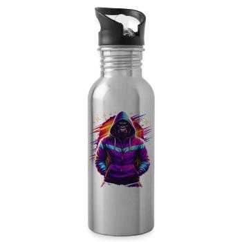 Neon Gorilla 80s Retro Style - Water bottle with straw - silver - Right