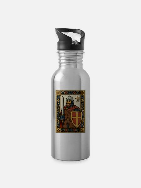 Medieval Knight Tile Emblem - Water bottle with straw - silver