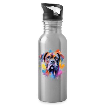 Colorful Splash Art Boxer Dog - Water bottle with straw - silver - Right