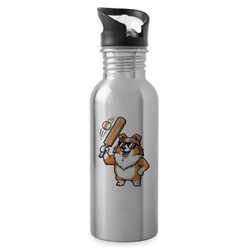 Cool Corgi Dog Playing Baseball Cartoon - Water bottle with straw - silver - Right