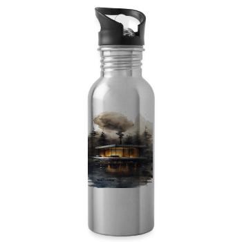 Firelit Modern Cabin on Lake - Water bottle with straw - silver - Right