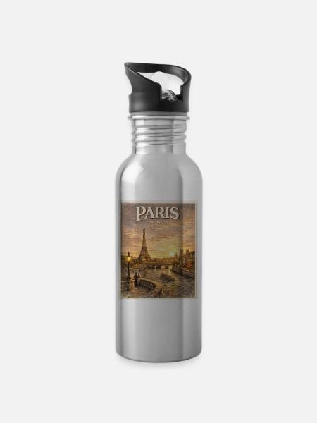 Paris Seine Vintage Travel Poster - Water bottle with straw - silver
