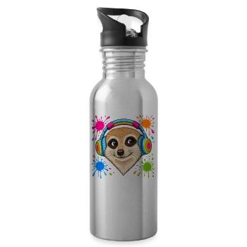 Meerkat with colorful music headphones - Water bottle with straw - silver - Right