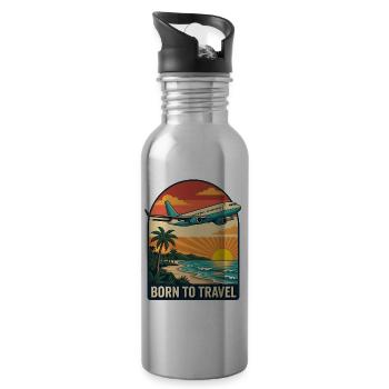 Born to Travel Palm Sea Beach with Air Plane - Water bottle with straw - silver - Right