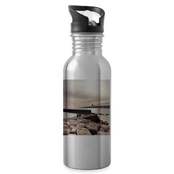 Sunset over pier and rocks - Water bottle with straw - silver - Right