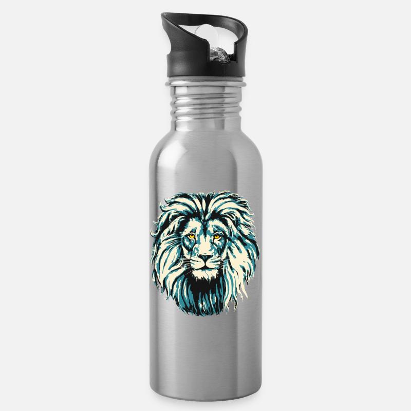 Löwenkopf mit Mähne - Löwe in Blau - Wildkatze - Trinkflasche mit integriertem Trinkhalm - Lightsilver