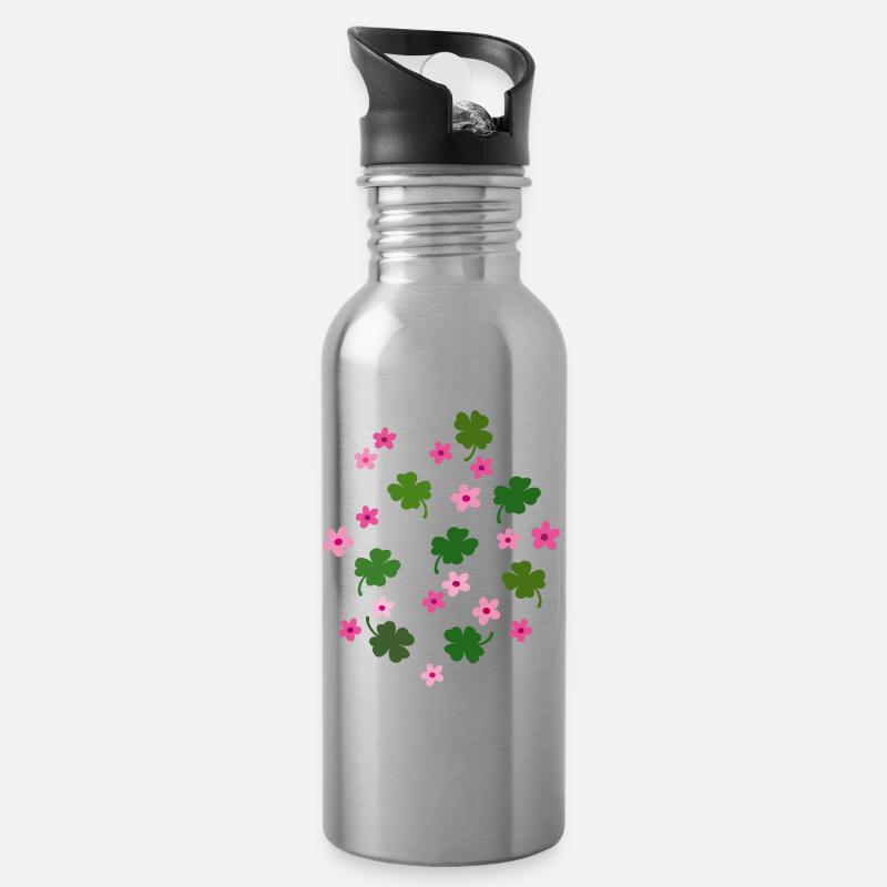 Glücksklee, Blümchen - Trinkflasche mit integriertem Trinkhalm - Lightsilver