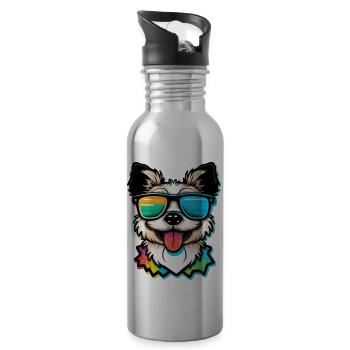 Kawaii Cute Happy Colorful Dog avec des lunettes de soleil - Gourde avec paille intégrée - argent clair - Droite