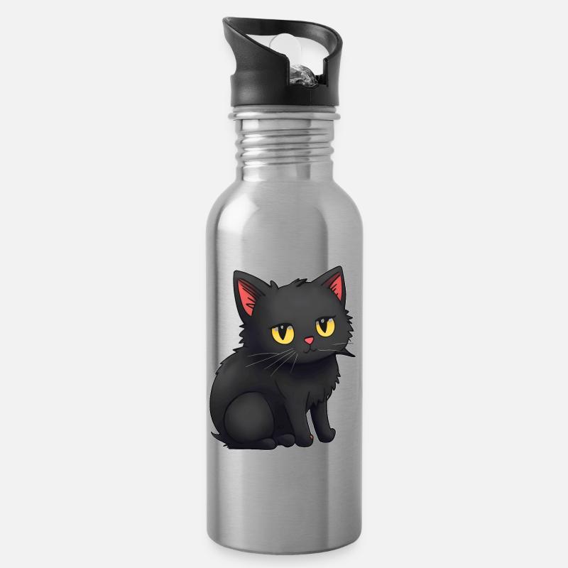 Autocollants de chats noirs mignons - Gourde avec paille intégrée - argent clair