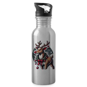 Rentier mit Weihnachtskranz - Trinkflasche mit integriertem Trinkhalm - Lightsilver - Rechts