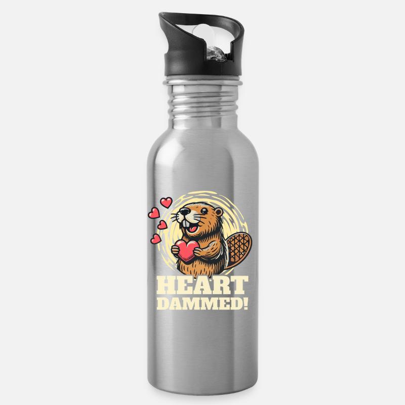 Heart Dammed - Cute Beaver Design for Valentine's Day - Water bottle with straw - silver