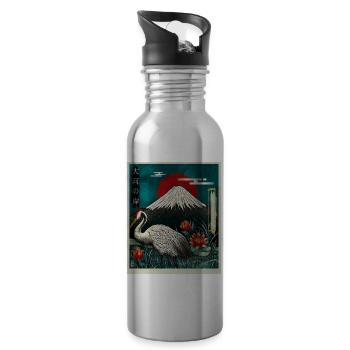 Rotkronenkranich und Mount Fuji - Trinkflasche mit integriertem Trinkhalm - Lightsilver - Rechts