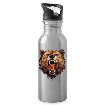 Grizzly Bear Roaring Bear Head Nature Wilderness Forest - Water bottle with straw - silver - Right