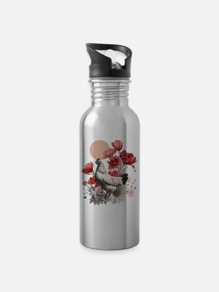 Vintage Huhn mit roten Blüten – Boho Illustration - Trinkflasche mit integriertem Trinkhalm - Lightsilver