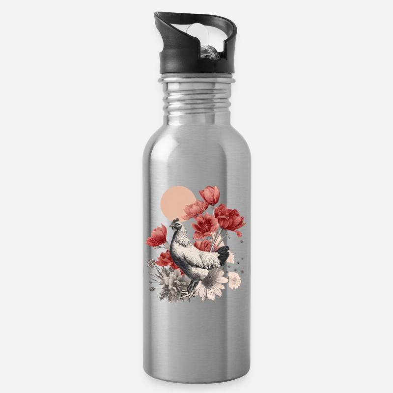 Vintage Huhn mit roten Blüten – Boho Illustration - Trinkflasche mit integriertem Trinkhalm - Lightsilver