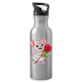 Cute Mouse with Rose – Valentine's Day Motif Full of Love - Water bottle with straw - silver - Right