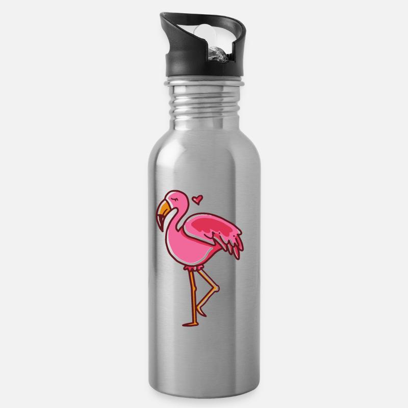 Flamingo Heart Pink Gift - Water bottle with straw - silver