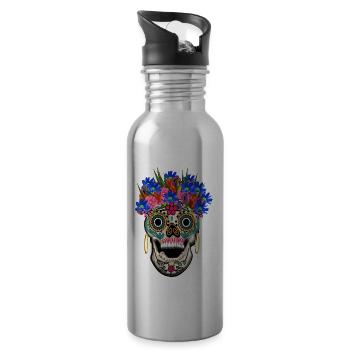Skull decorated with flowers, selenium / Muertos day - Water bottle with straw - silver - Right