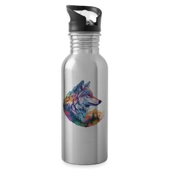 Wolf Wolf's Head Nature Wilderness Forest Trees Colorful Art - Water bottle with straw - silver - Right