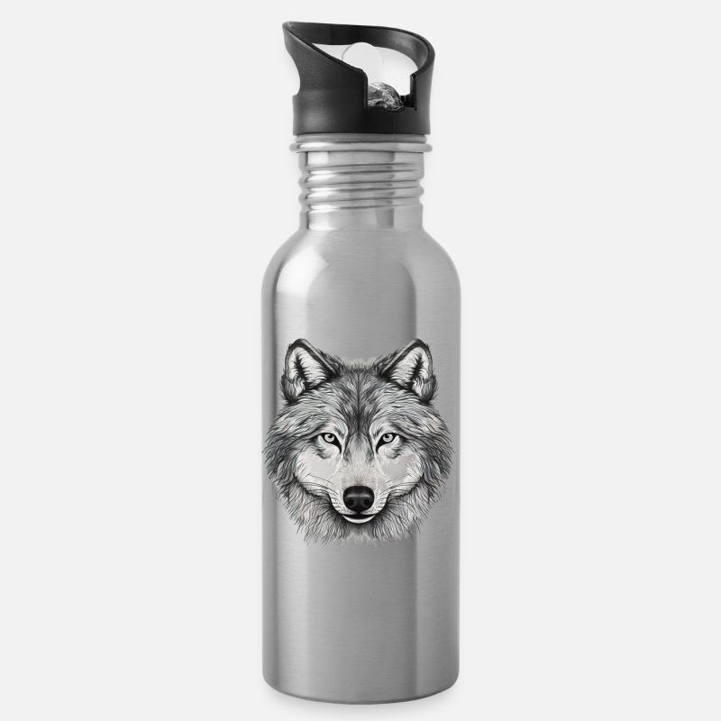 Wolfskopf, gezeichnetes Kunstwerk - Trinkflasche mit integriertem Trinkhalm - Lightsilver