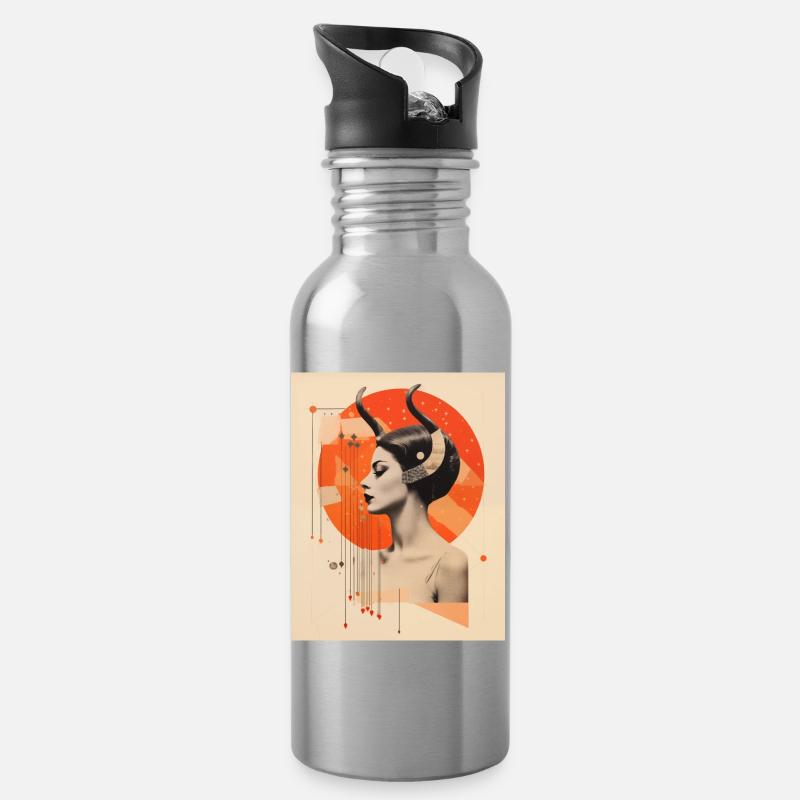 Steinbock-Collage - Trinkflasche mit integriertem Trinkhalm - Lightsilver